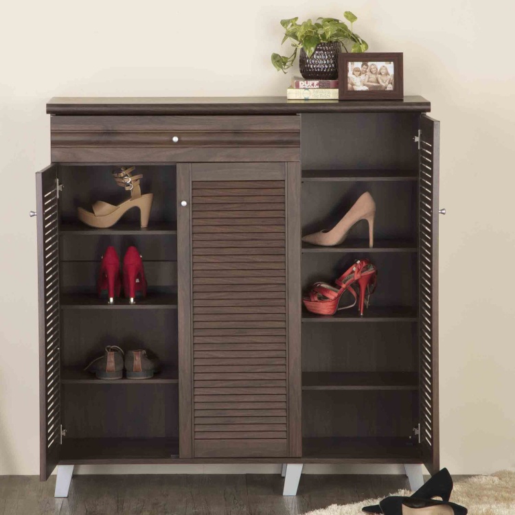 Lewis Brown Engineered Wood Three Door Shoe Cabinet with Drawer and 9 Shelves - 26 Pairs Capacity