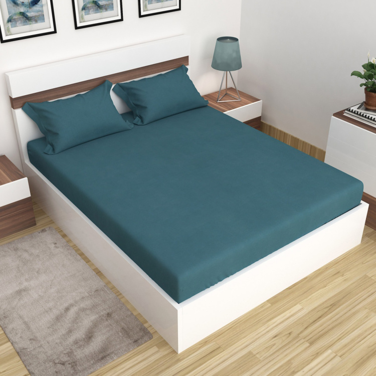 Sapphire Solid Double Bedsheet  - Set Of 3 Pcs - Cotton - 300 Tc  - Blue