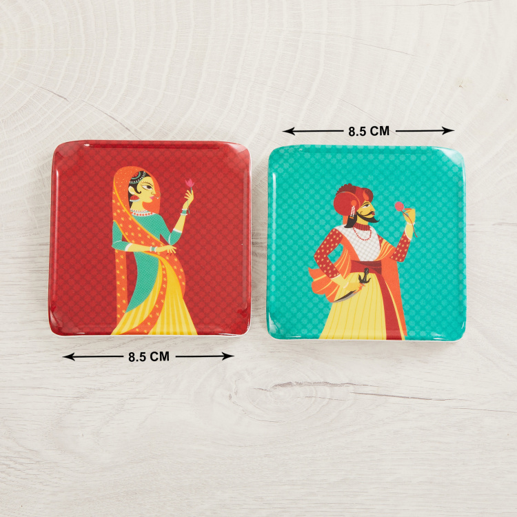 Raisa-Retro Printed Coaster Set  - Melamine -  Coaster 8.5 cm  L x 8.5 cm  W  - Multicolour