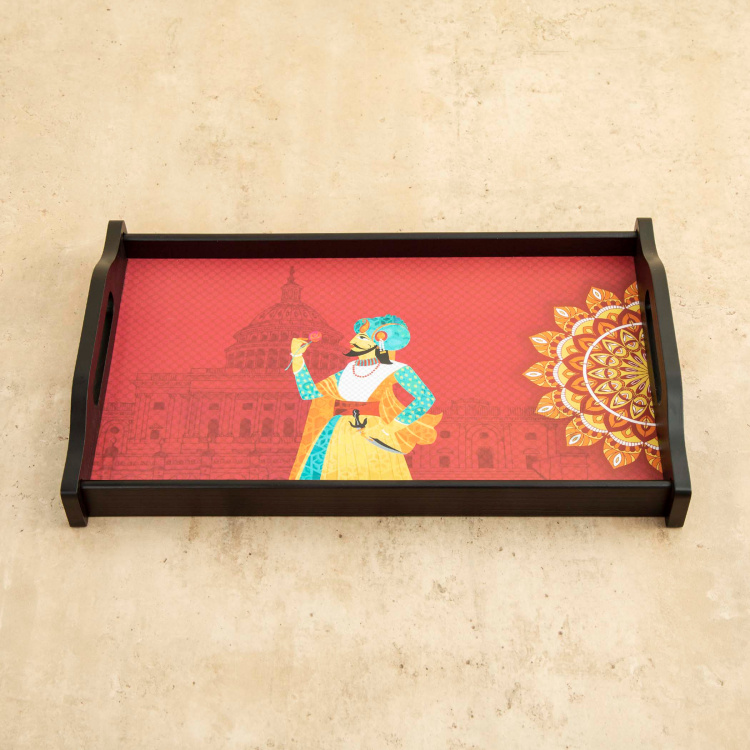 Raisa-Retro Printed Serving Tray - Wood - Medium Tray 41 cm x 25 cm x 6 cm -Red