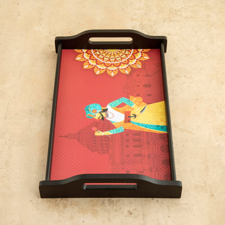 Raisa-Retro Printed Serving Tray - Wood - Medium Tray 41 cm x 25 cm x 6 cm -Red