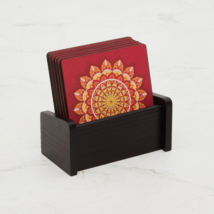 Raisa-Retro Printed Coaster Set - Wood - Coaster 10 cm x 10 cm -Red