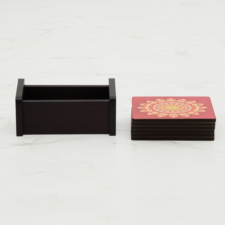 Raisa-Retro Printed Coaster Set - Wood - Coaster 10 cm x 10 cm -Red