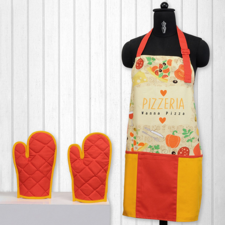 SWAYAM Printed Kitchen Apron & Oven Gloves - Set Of 3Pcs.
