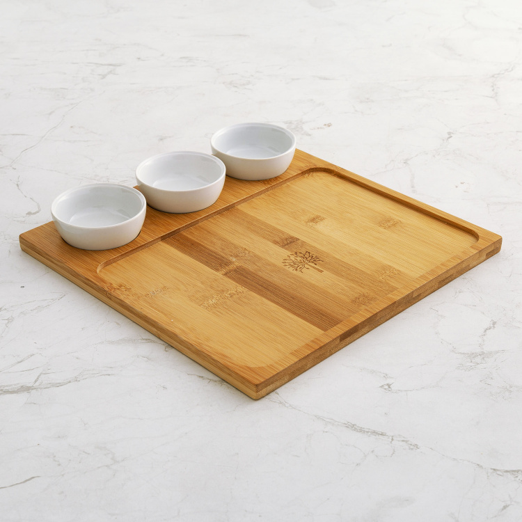 Rhodes Edulis - Brown & White Bamboo Solid Chip & Dip Tray With Bowls - 4Pcs