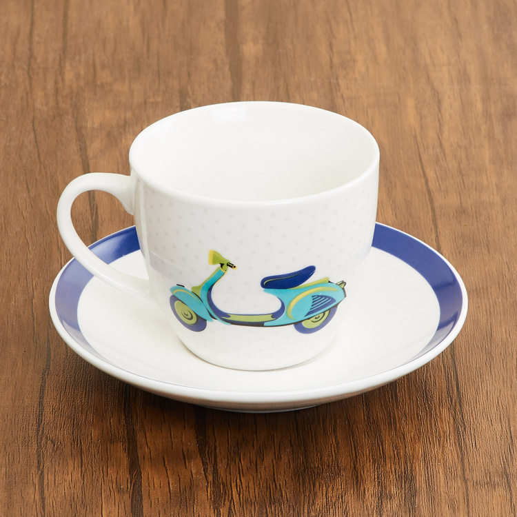 Raisa Retro Scooter Print Cup and Saucer- Set of 2 - 220 ml