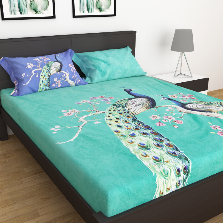 Moksha-Peacock Print 3-Piece King-Size Bedsheet Set - 180 x 195 cm
