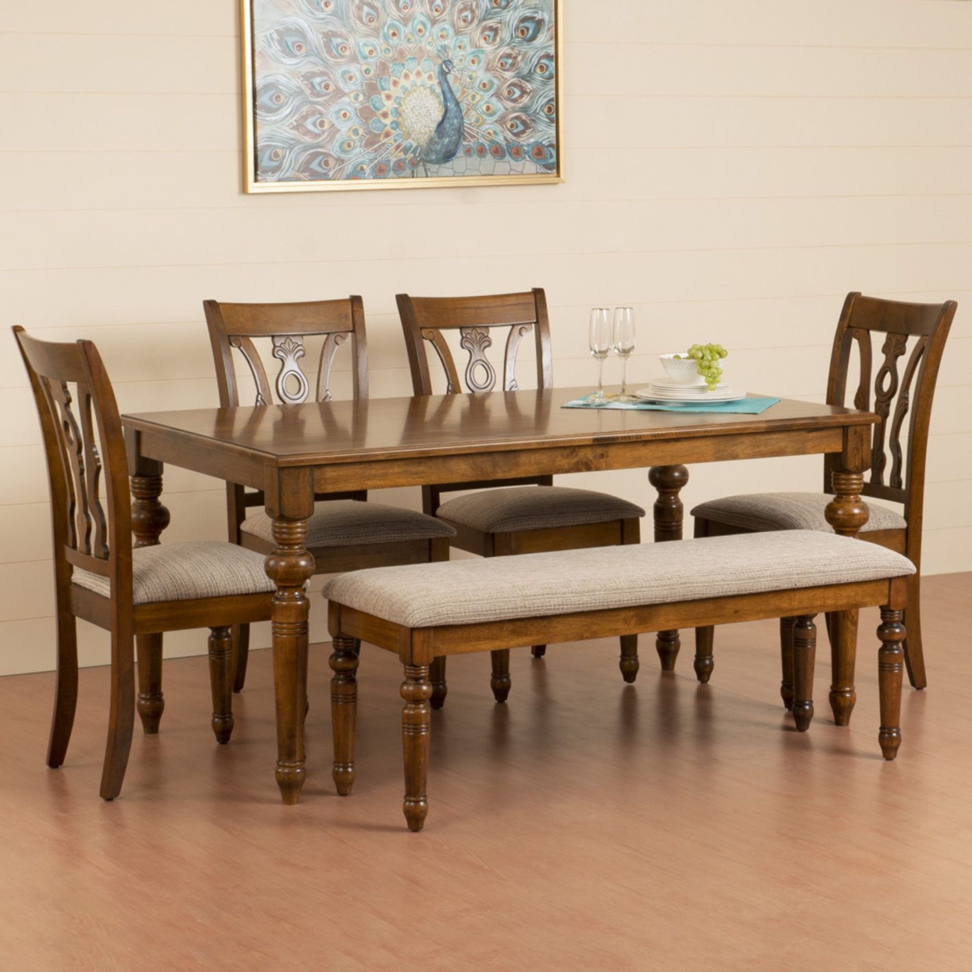 Tagetes 6 Seater Dining Table Set with Chairs and Bench | Brown | Solid ...