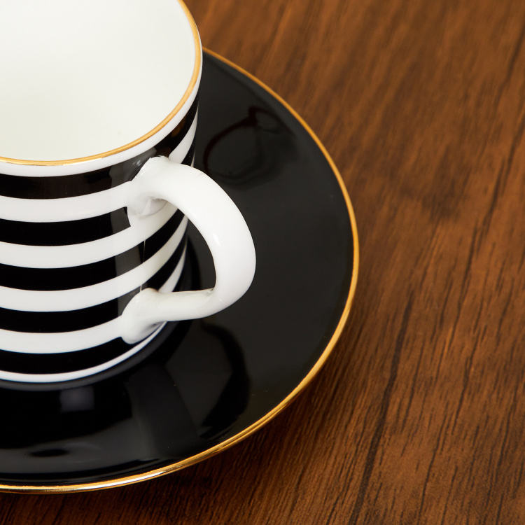 Andrey Charlie Black & White Striped Bone China Cup And Saucer Set - 100ml - 2Pcs