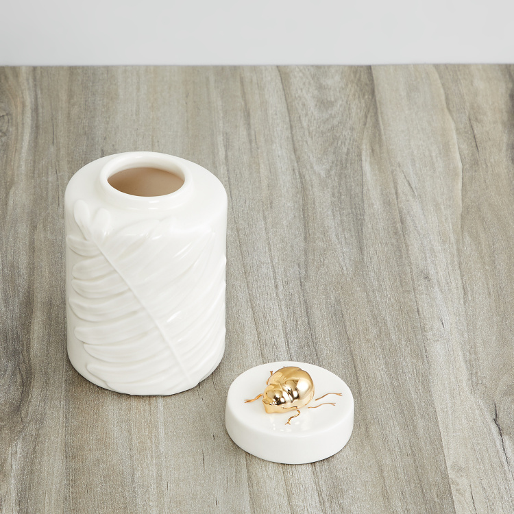 Eternity Textured Round Single Pc. Philo leaf Canister with Beetle - Ceramic - Multicolour