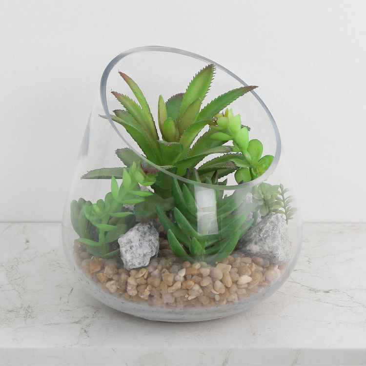 Gardenia Green Artificial Bonsai Plant In Glass Pot - 14x12cm