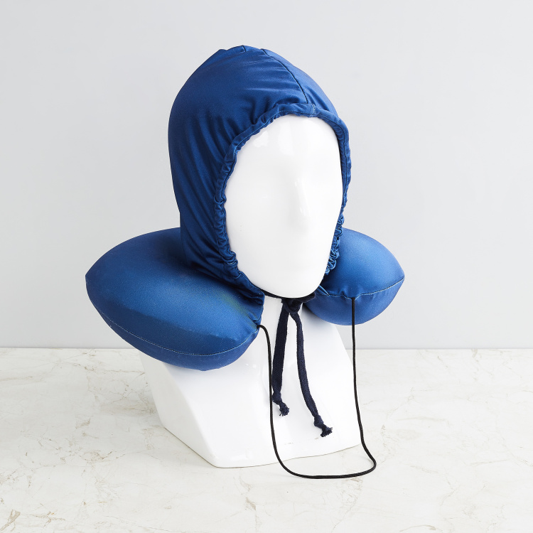 Travel Solid Neck Pillow With Hoodie - Single Pc -  Polyester - 31 cm x 10 cm - Blue