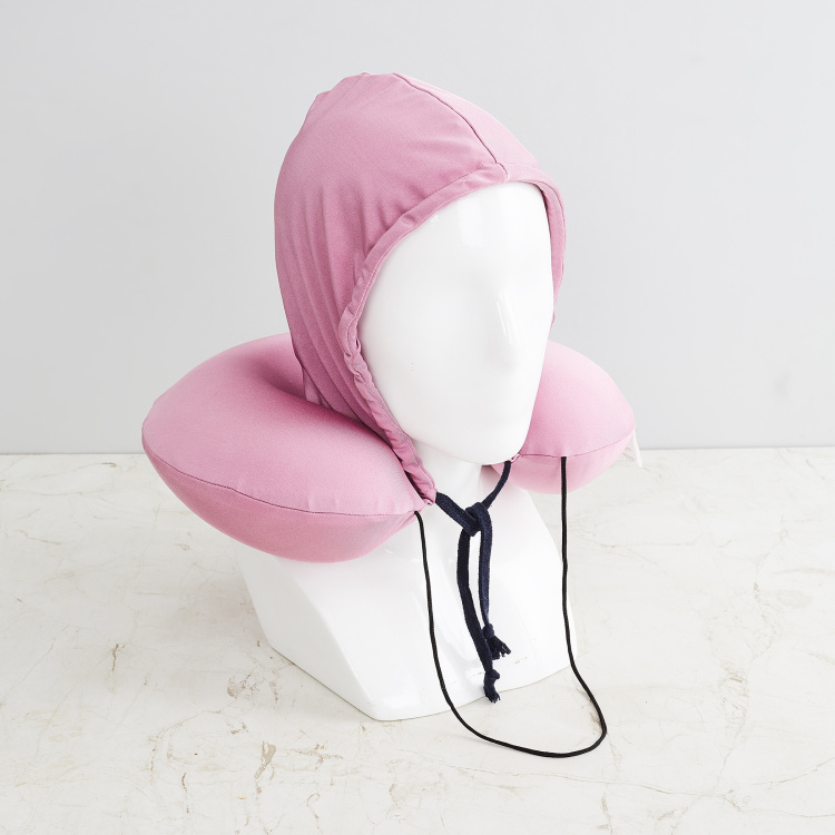 Travel Textured Neck Pillow With Hoodie - Single Pc -Polyester - 32 cm x 10 cm - Pink