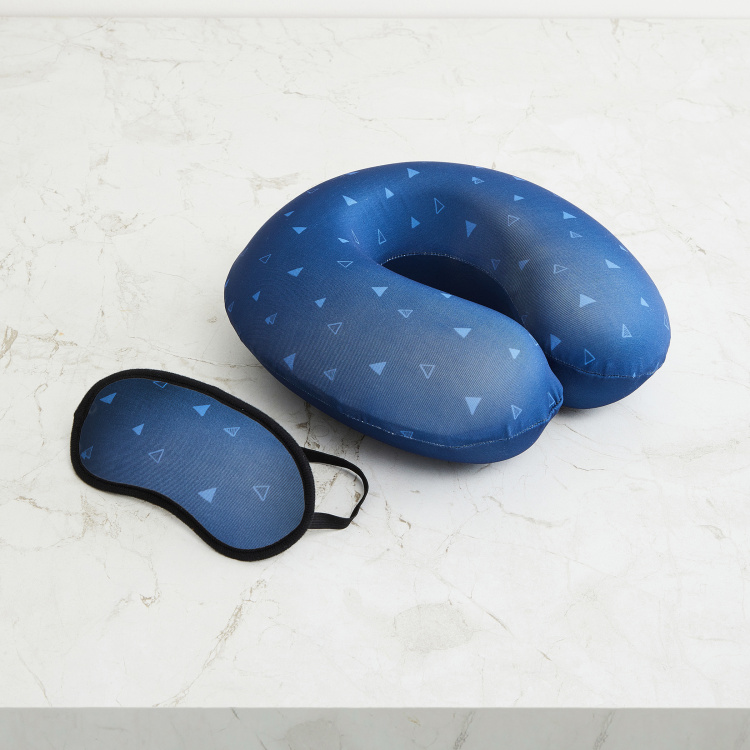 Travel Triangles Printed Polyester Eye Mask  : 18 cm x 9 cm  : Neck Pillow  : 30 cmL Blue
