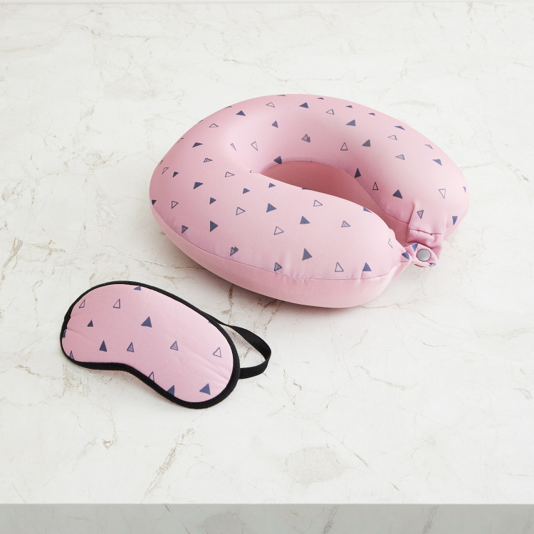 Travel Printed Polyester Mask  :   : Memory Foam Neck Pillow with Mask  : 28 cm x 28 cm Peach