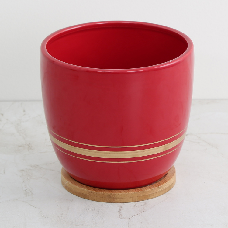 Valencia Back Wall-Round Single Pc. Planter with Wood Base - Ceramic - Red