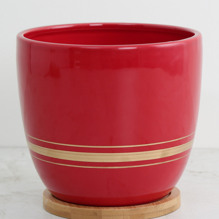Valencia Back Wall-Round Single Pc. Planter with Wood Base - Ceramic - Red