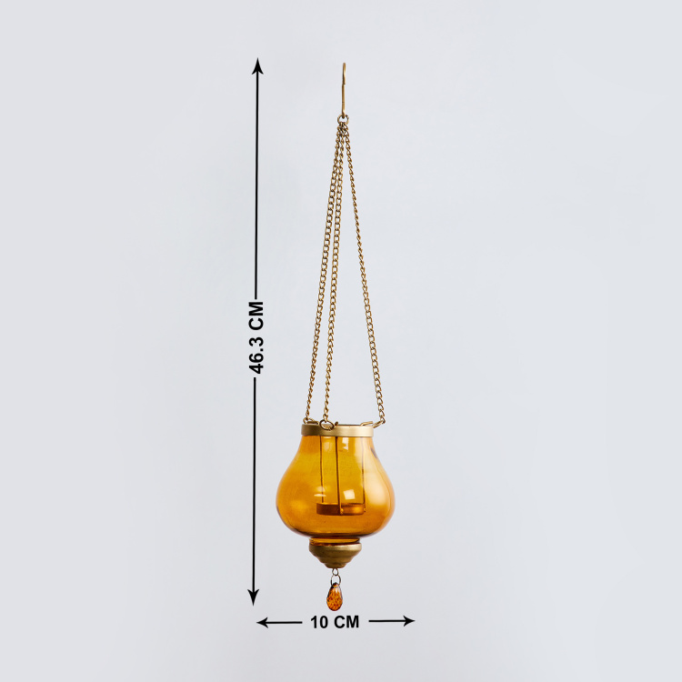 Helios - Hanging Glass - T-Light Holder : 10 cm  L x 10 cm  W x 46.3 cm  H - Yellow