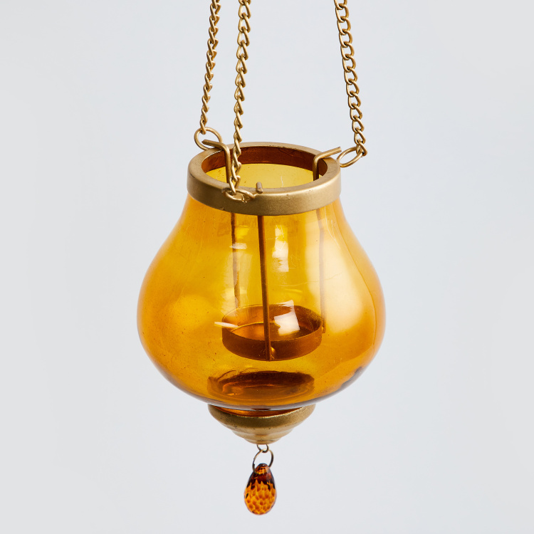 Helios - Hanging Glass - T-Light Holder : 10 cm  L x 10 cm  W x 46.3 cm  H - Yellow
