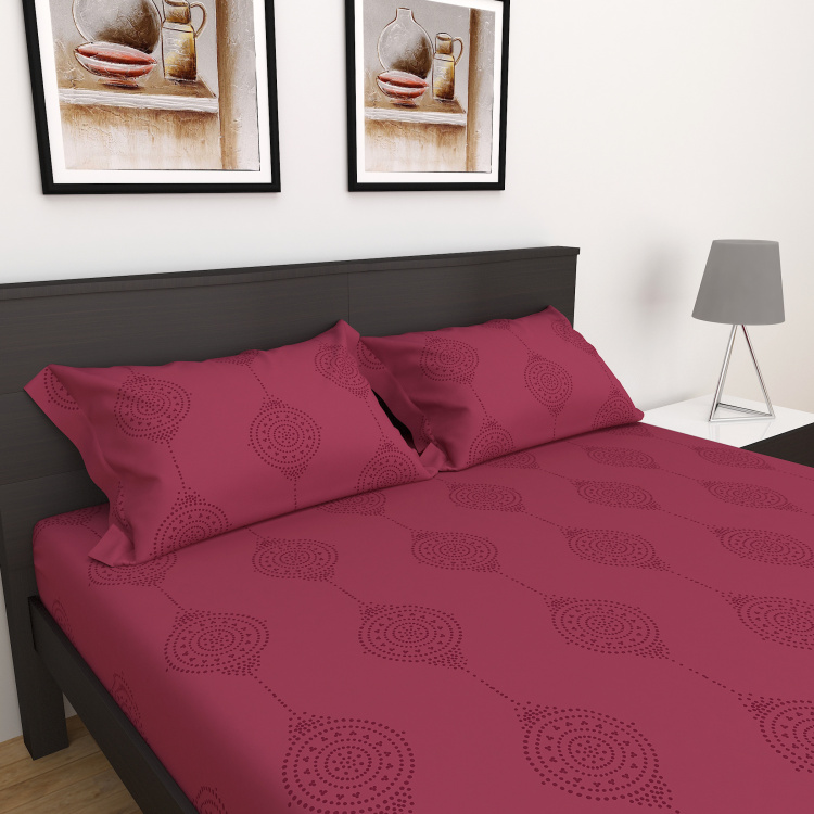 La-Maison Printed Double Bedsheet  - Set Of 3Pcs - Cotton - 300 Tc  - Red