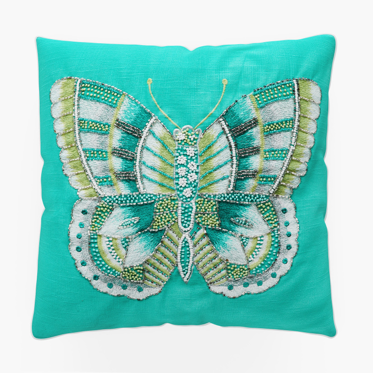 Mandarin Embellished Cushion Covers - Single Pc -  Cotton - 40 cm x 40 cm - Blue