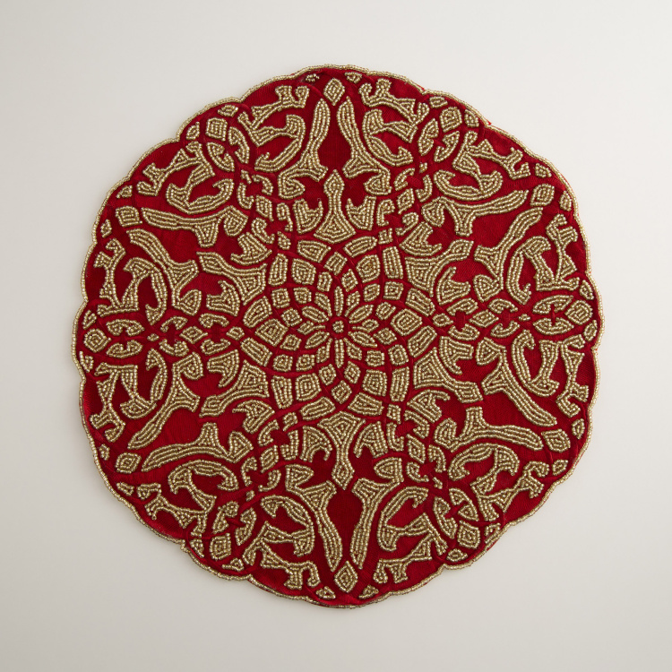 Cinder Treasure Textured Placemat - PU - Beaded Placemat - 38 cm  L x 38 cm  W - Red