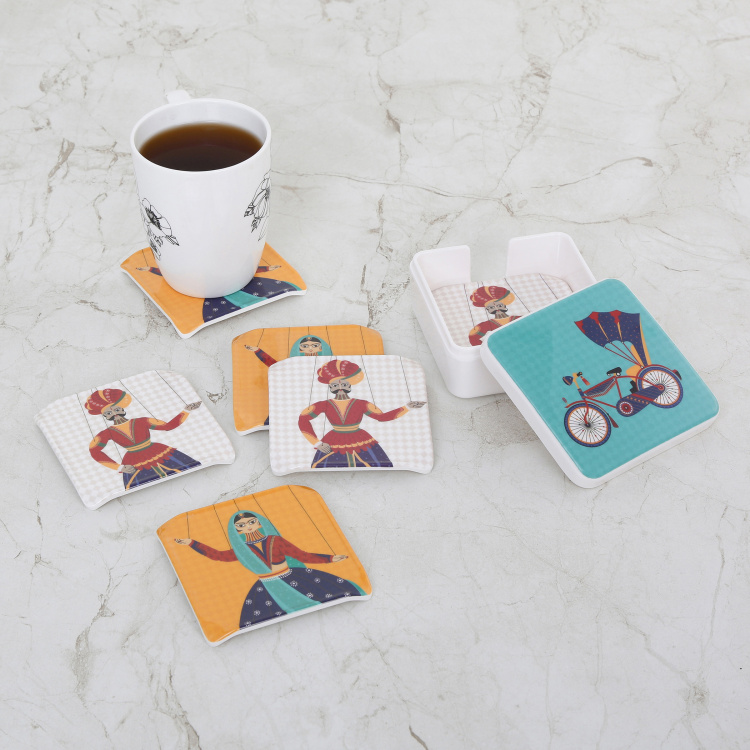 Raisa-Retro Printed Coasters with Holder - Set of 6