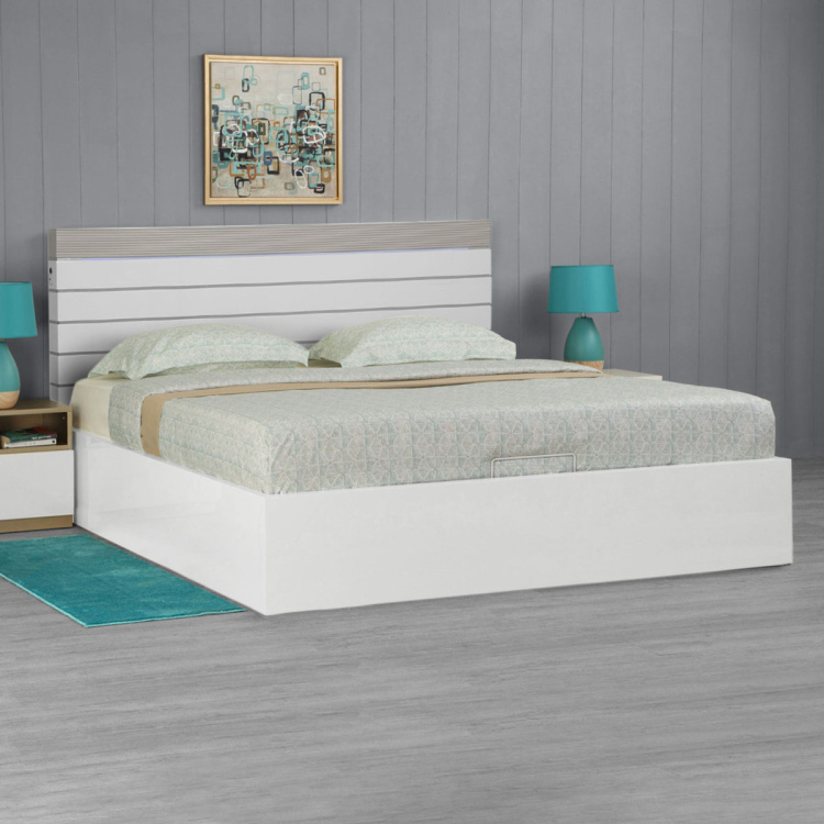 Alps King Size Bed With Hydraulic Box, White Wood King Size Bed With Storage